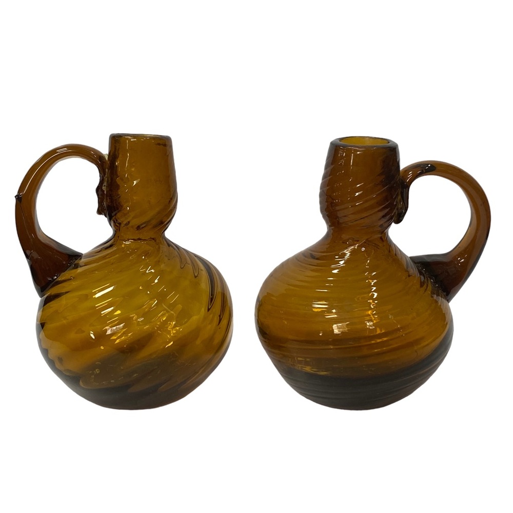Set of 2 Vintage Root Beer Amber Swirled Glass Vase w/ applied handle
